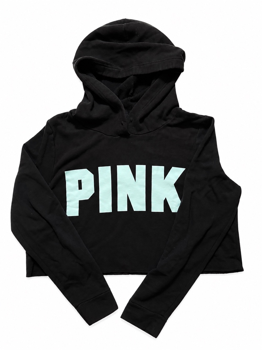 Victoria’s Secret PINK Black Cropped Hoodie Mint Logo | Size Large
